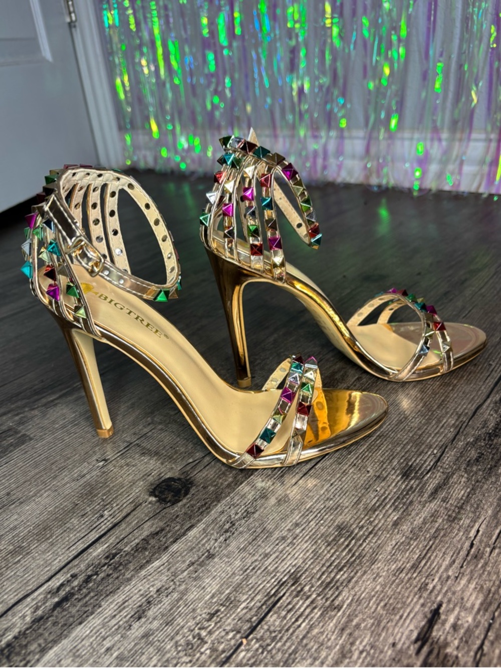 Gold High Heel Strappy Sandals with Multicolor Stud Accents New! Sz 7.5